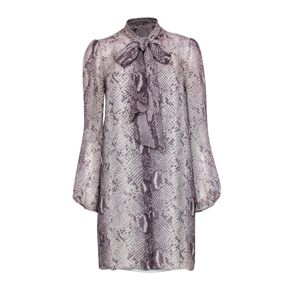 Diane von Furstenberg Grey Snakeskin Print Button-Up Silk Shift Dress Neck Tie